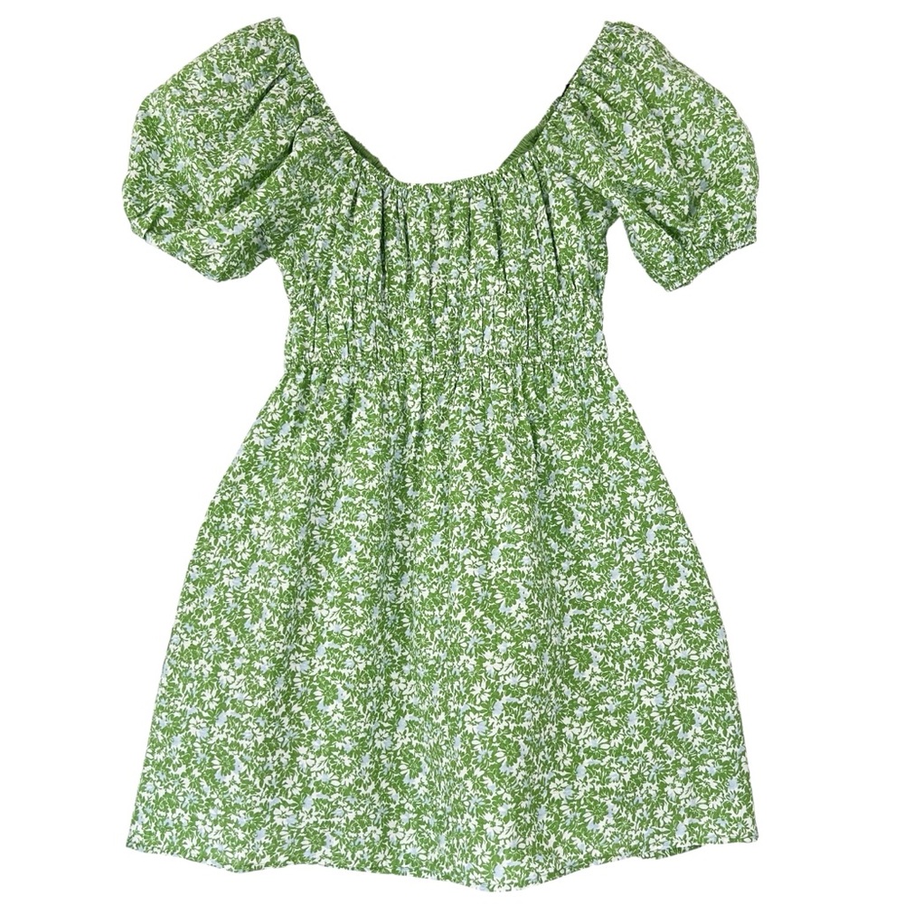 NWT Needii Meredith Green Floral Puff Sleeve Mini Dress Sz M Milkmaid - Picture 3 of 16